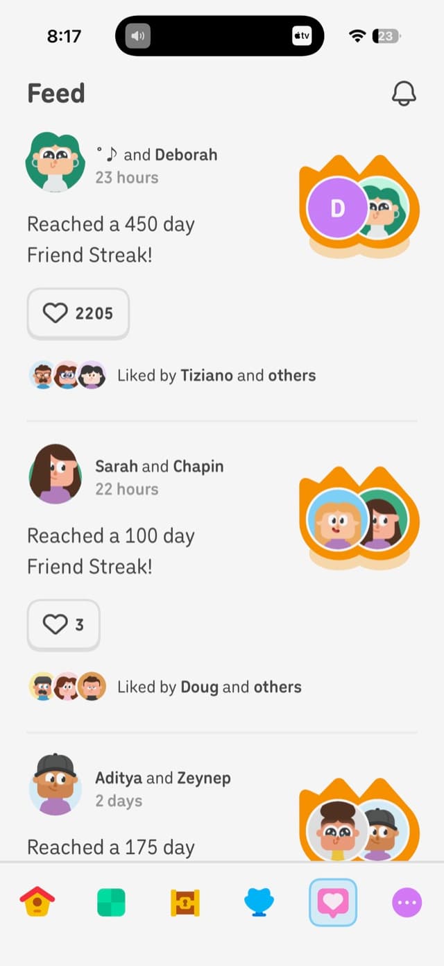 Real Duolingo feed showing Friend Streak milestone cards