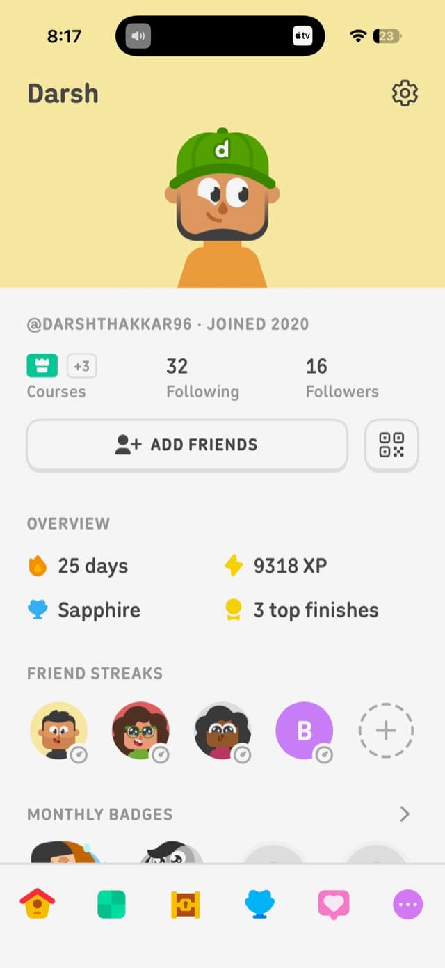 Darsh's real Duolingo profile with the Friend Streaks row
